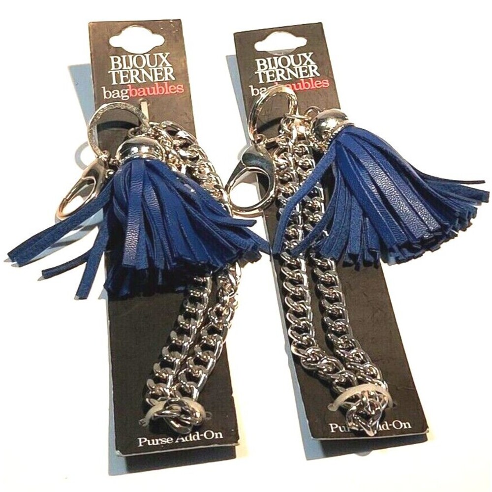 Bijoux Terner bagboubles wristlet chain strap leather tassel blue silver replace